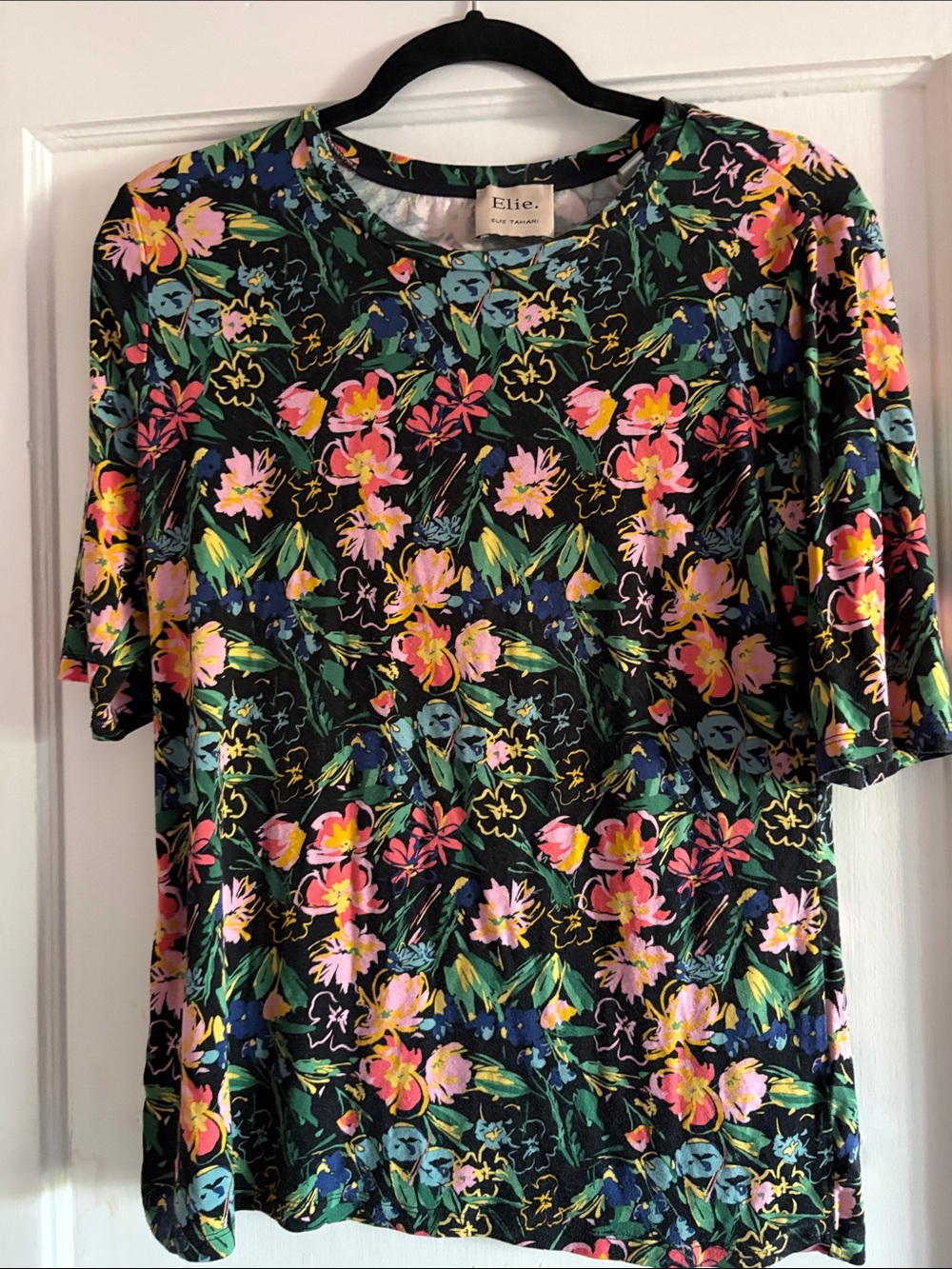 Elie Tahari Black Floral Short-Sleeve Tee with Pink & Green Accents